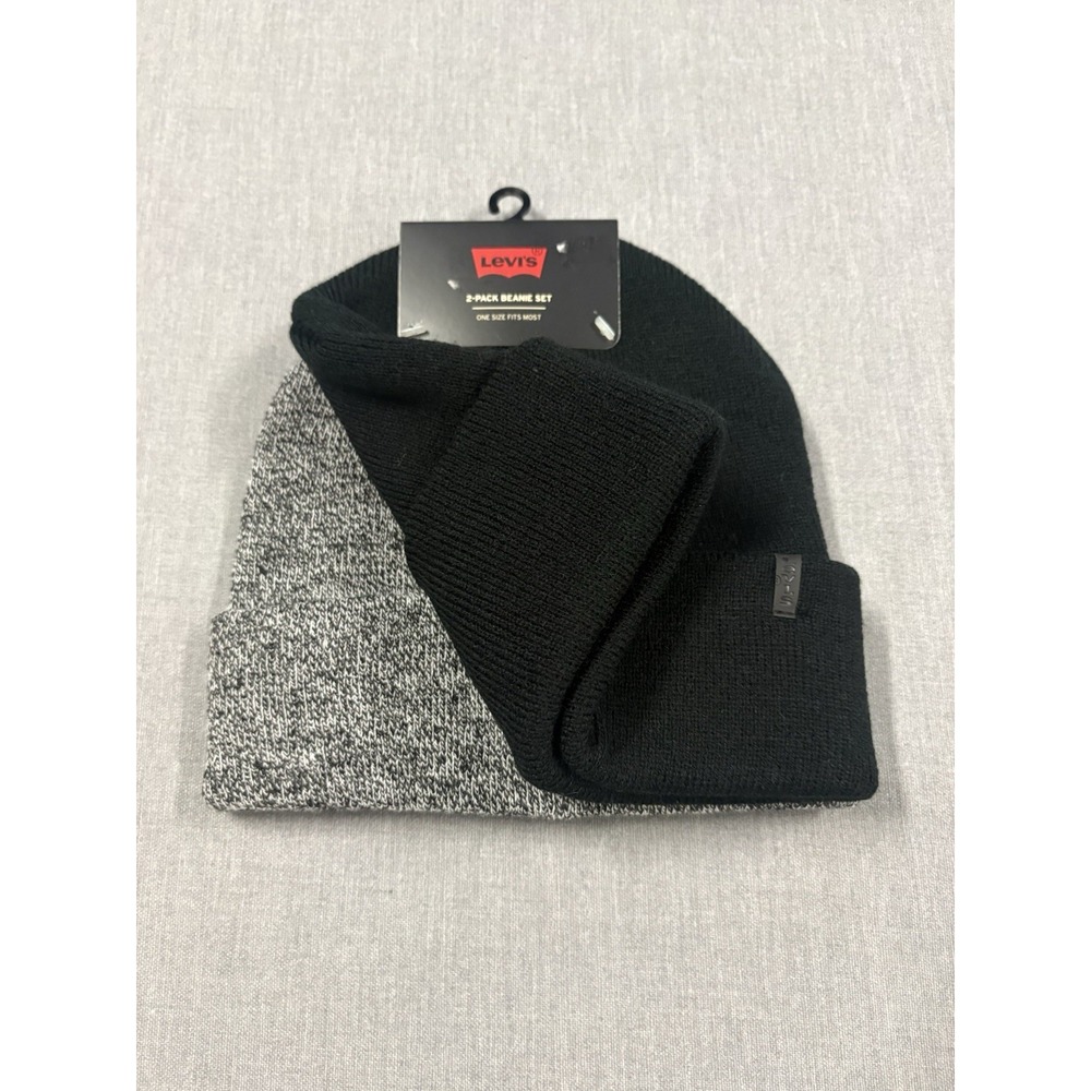 Levi's 2-Pack Beanie Set One Size Black & Gray Cuffed Knit Hats Unisex NWT
